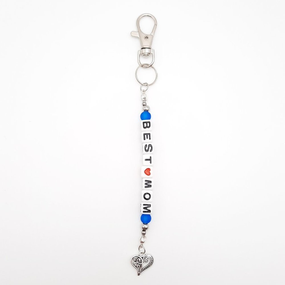Best Mom Mother's Day Heart Blue Beaded Keychain Handmade Accessory